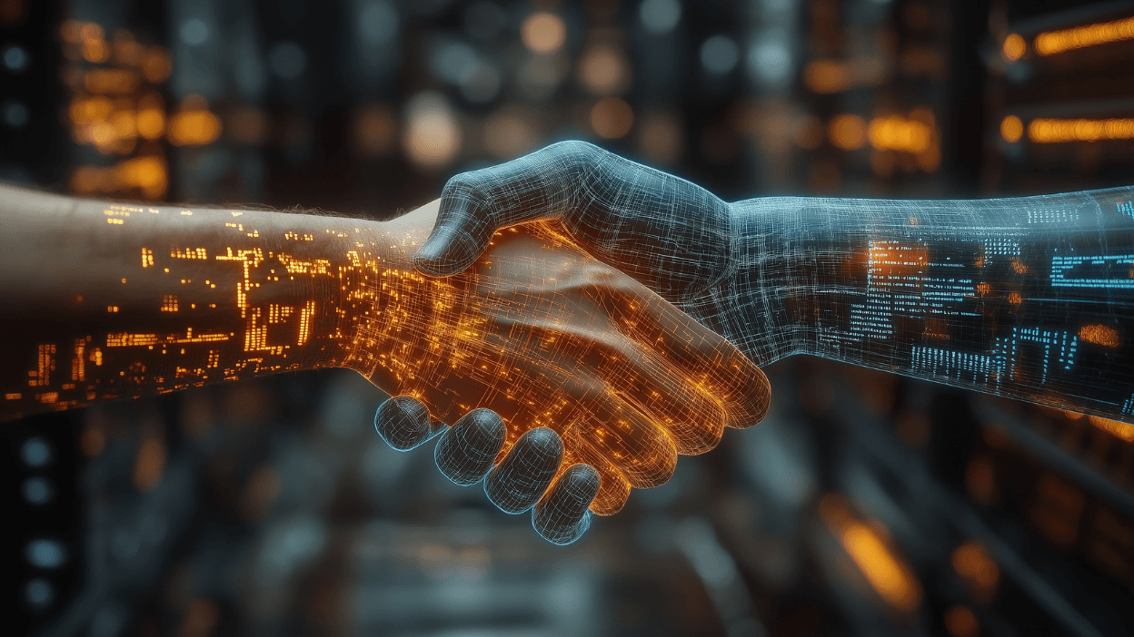 a human and digital arm handshake