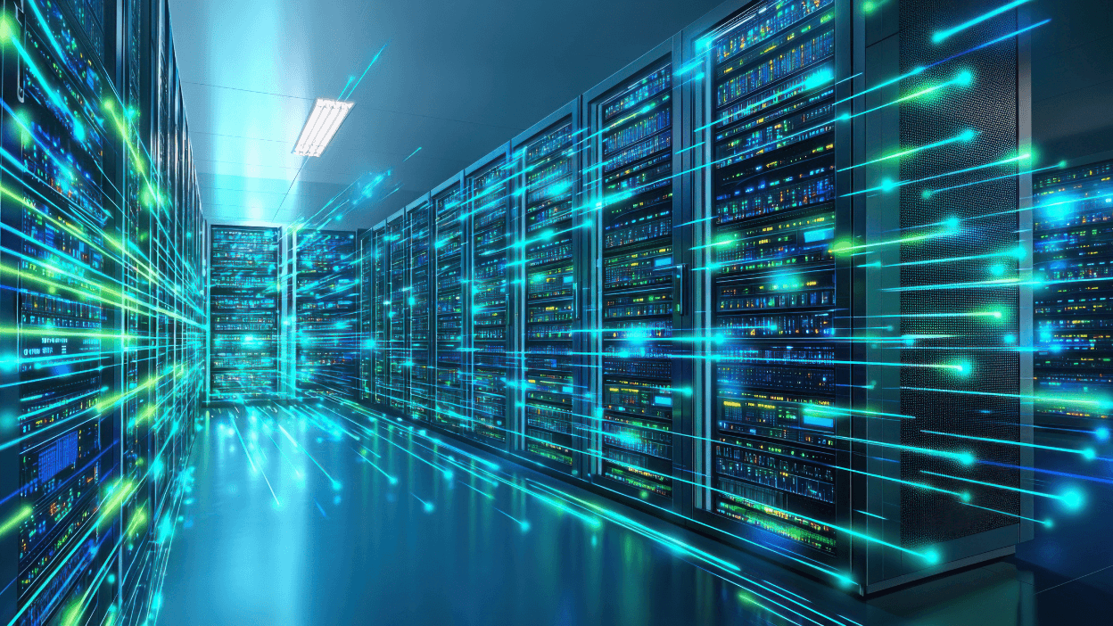 Data centre overlaid with shooting blue and yellow lines 