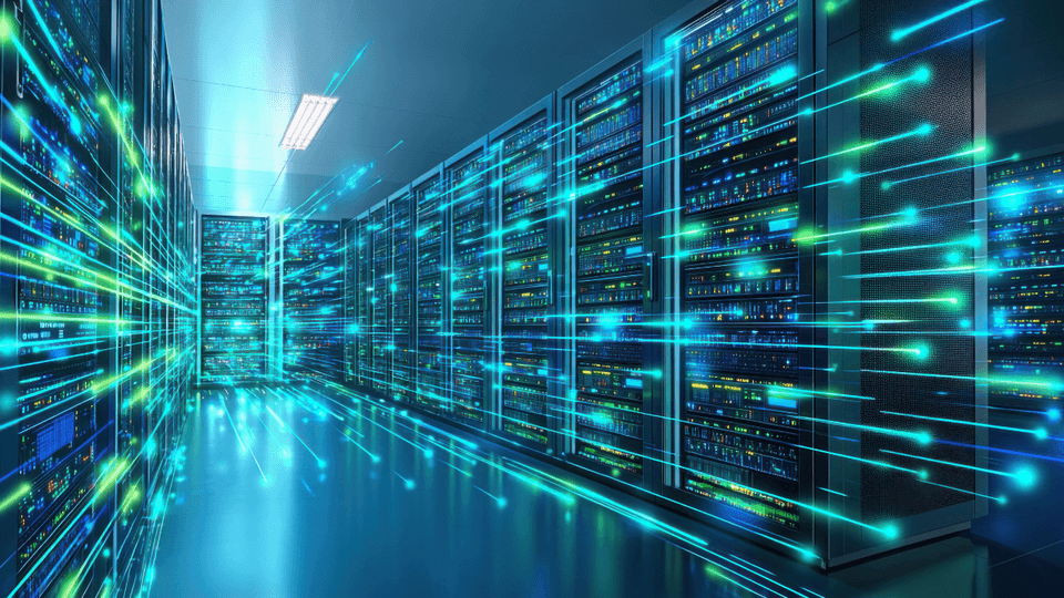 Data centre overlaid with shooting blue and yellow lines 