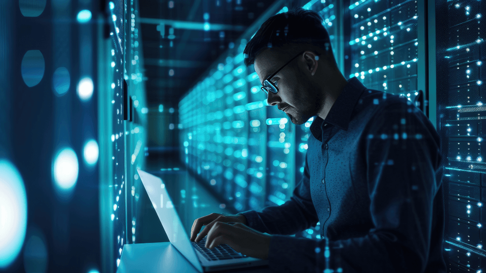 man using laptop in server room