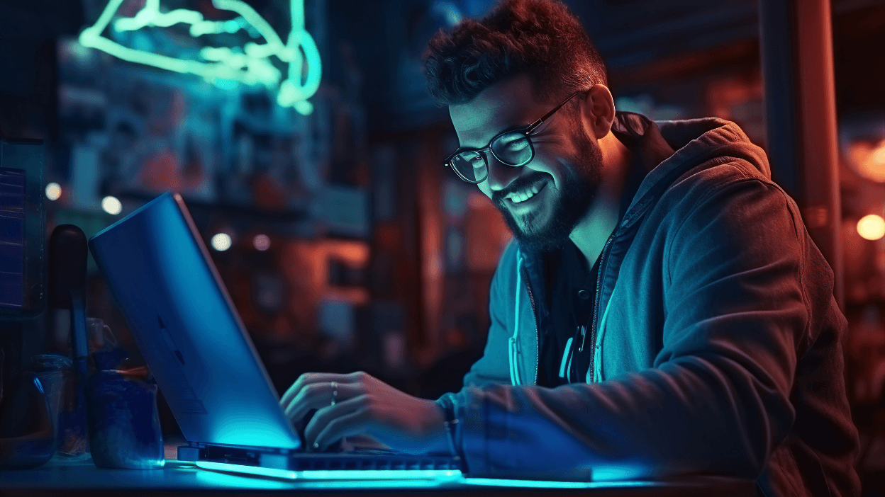 Smiling man working on a laptop