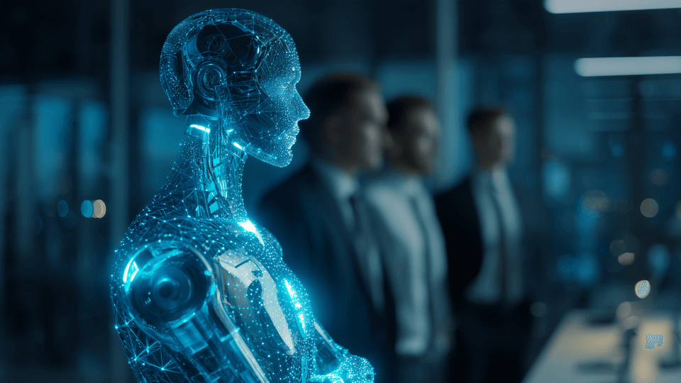 AI agent standing next to 3 people in an office