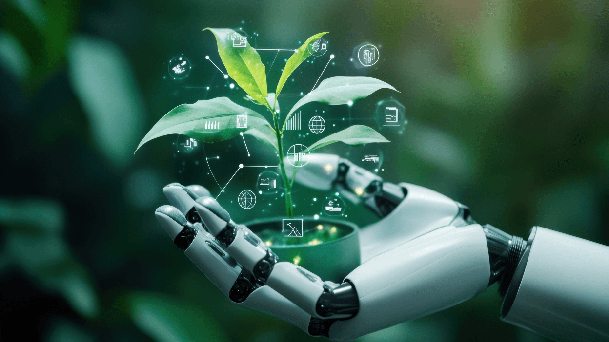 robot hand holding a sapling overlaid with digital icons