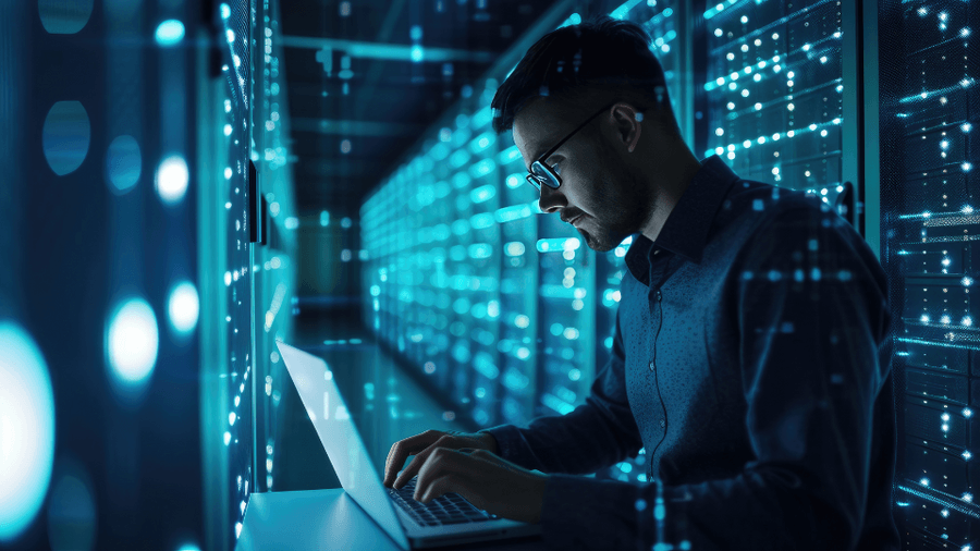 man using laptop in server room