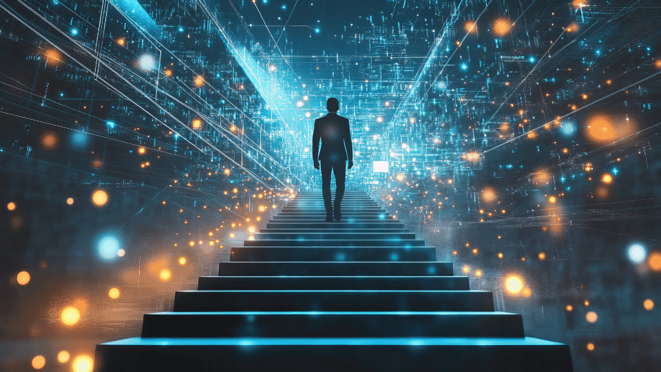 man climbing a staircase surrounded by digital images