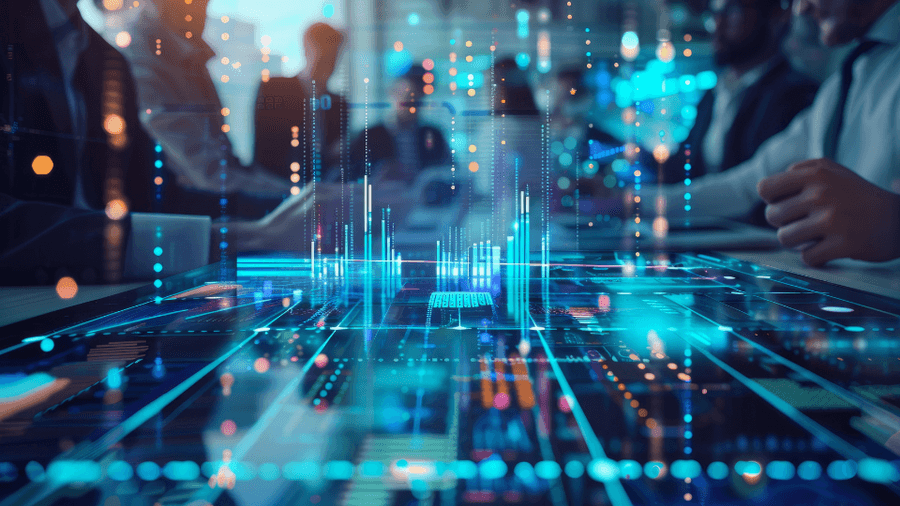 Business people overlaid with blue digital lines